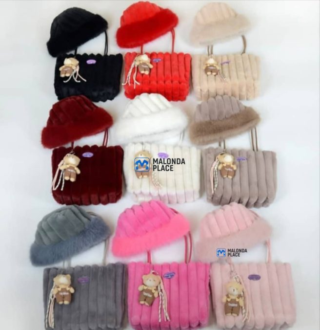 fluffy fur tote bag and a matching hat
