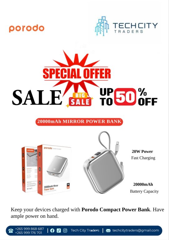 Porodo 20000mAh Mirror Power Bank