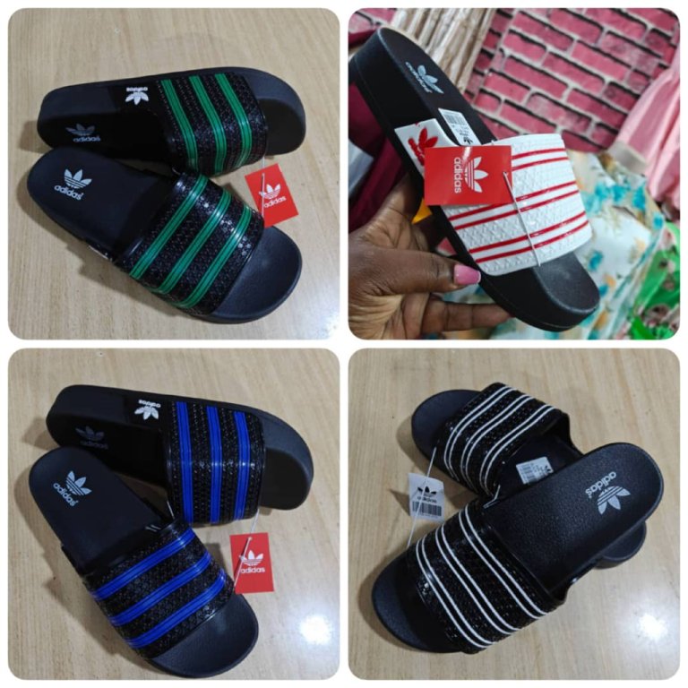 Addidas slides, plain T-shirts and converse shoes.