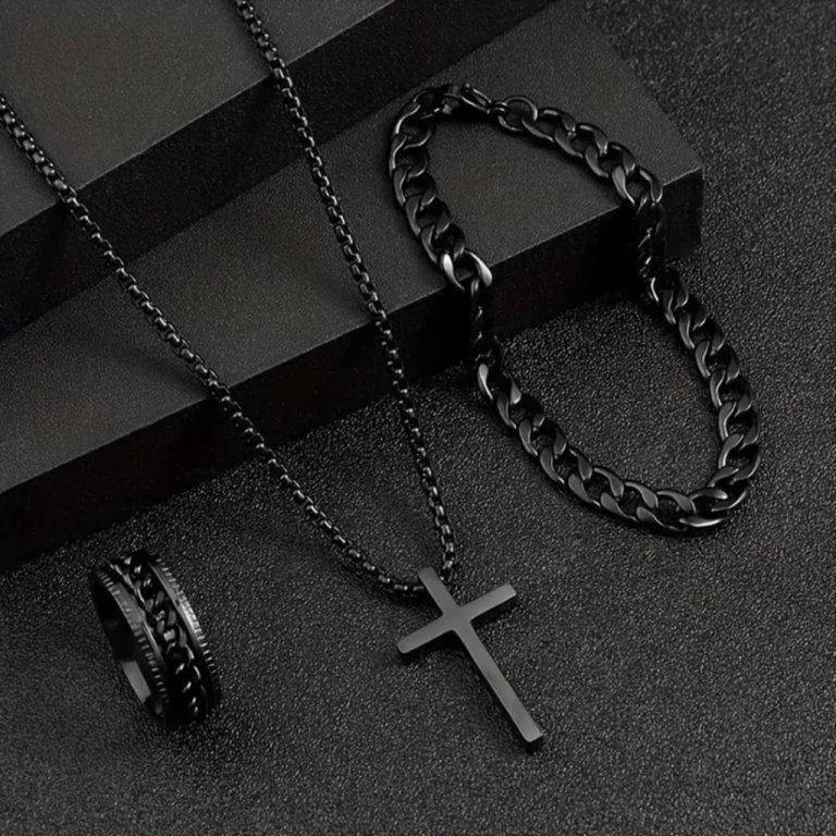 Men's 3-Piece Titanium Steel Cross Jewelry Set - Necklace, Ring,