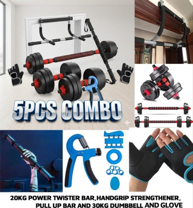 Combo, 20kg power twister bar, handgrip strengthener, pull up bar and 30kg dumbbell n gloves